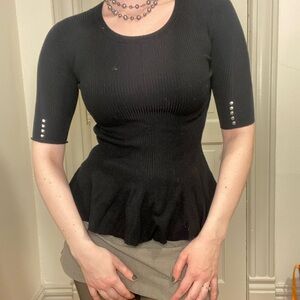 Carmen Marc Valvo Black Ribbed Peplum Top